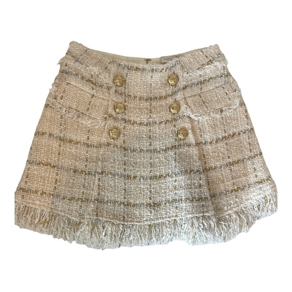 RAMY BROOK Karey Fringe Tweed Miniskirt Sz 4 Ivory Plaid Fringe Preppy - Picture 5 of 10
